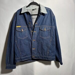 VTG 80s Prison Blues Denim Trucker Jacket L Inmate Made Workwear Striped Collar‎